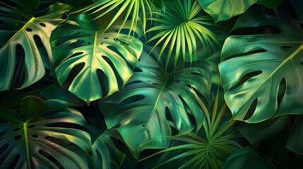 Fototapeta premium Tropical Leaves: A background with large tropical leaves and vibrant green hues, ideal for summery or exotic-themed products. 