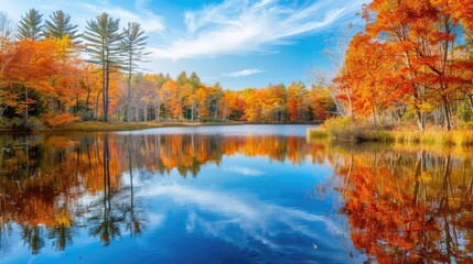 Obraz premium A scenic view of a lake surrounded by trees in full fall colors with reflections in the water.