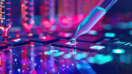 Close up of a biotech test tube with a pipette over a computer screen displaying DNA and biolynk symbols