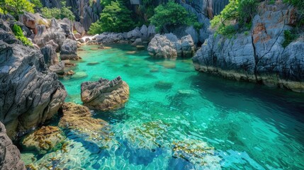 A secluded lagoon with rocky outcrops and crystal clear water, perfect for snorkeling.