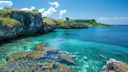 Obraz premium A secluded lagoon with rocky outcrops and crystal clear water, perfect for snorkeling.