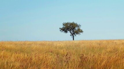 Fototapeta premium A serene field of wild grasses with a lone tree standing tall in the center.