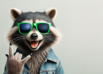 Funny raccoon in green sunglasses showing a rock gesture isolated on white background