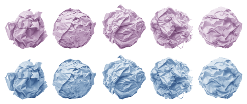 Collection set of pastel light blue purple crumpled crushed scrunched paper ball on transparent background cutout, PNG file. Many different design. Mockup template artwork graphic