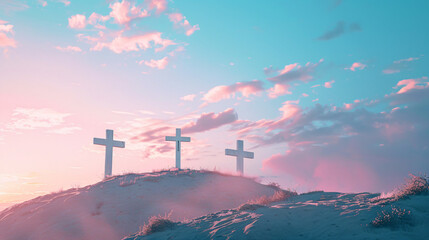 Three white crosses on a serene hill under a pastel blue sky representing religious faith, hope, and peaceful spirituality.