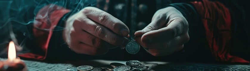 Mysterious person counting ancient coins in dimly-lit room with candlelight, close-up view of hands and coin details.