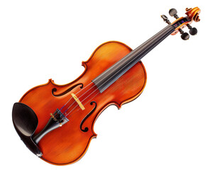 Fototapeta premium A beautiful, old fashioned violin is shown in a white background. The instrument is made of wood and has a black string. Concept of elegance and timelessness, as the violin is a classic