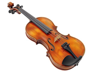 A beautiful, old fashioned violin is shown in a white background. The instrument is made of wood and has a black string. Concept of elegance and timelessness, as the violin is a classic