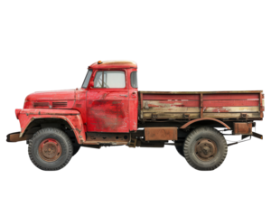A red truck with a rusty bed sits on a white background. The truck appears to be old and worn, with a sense of nostalgia and history