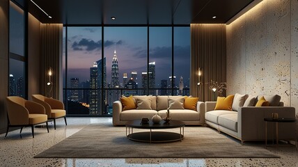 Modern style luxury interior with city view 3d render, There are terrazzo floor decorated wall with hidden light