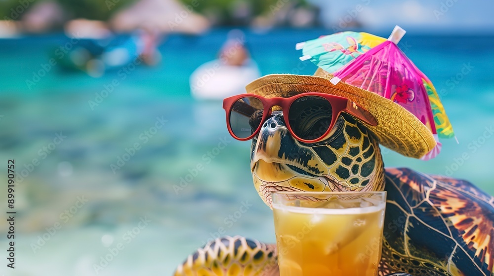 Sticker turtle wearing sunglasses and summer hat on tropical beach vacation drinks cocktail