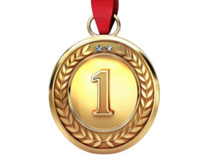 A gold medal with a red ribbon and the number 1 on it. The medal is circular and has leaves around it