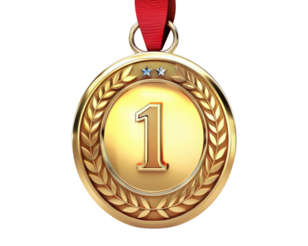 A gold medal with a red ribbon and the number 1 on it. The medal is circular and has leaves around it - Powered by Adobe