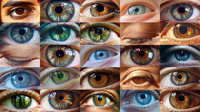 Collage of 25 diverse human eyes looking around and blinking with a baby eye in the middle.