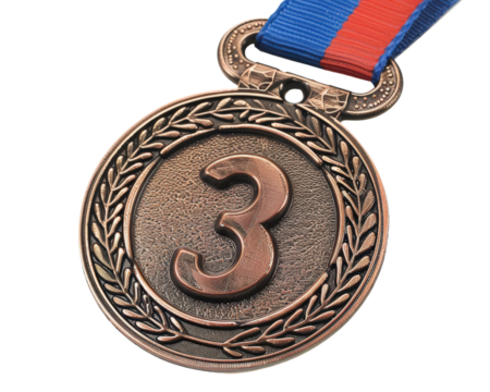 A bronze medal with a red and blue ribbon and the number 3 on it. The medal is circular and has leaves on it