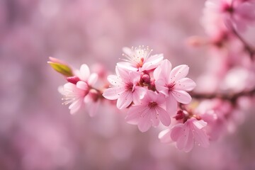 Obraz premium Pink flowering almond flower bokeh background, AI Generated