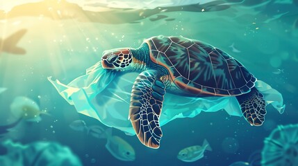 Fototapeta premium Environmental issue of plastic pollution problem. Sea Turtles can eat plastic bags mistaking them for jellyfish Sea turtle trapped in a plastic bag, Stop ocean plastic pollution concept 