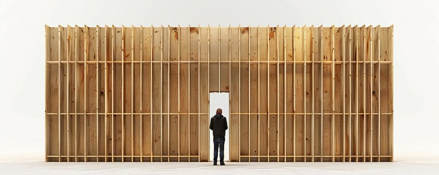 Freestanding plywood stud wall isolated on white background Generative Ai