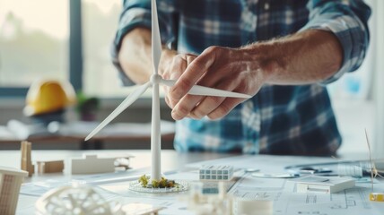 Obraz premium A man is working on a model of a wind turbine