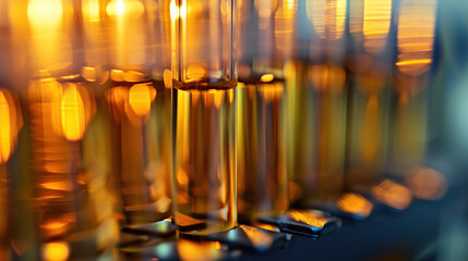 A row of test tubes filled with yellow liquid