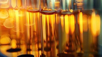 A row of test tubes filled with yellow liquid