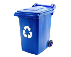 A blue trash can with a white recycling symbol on it