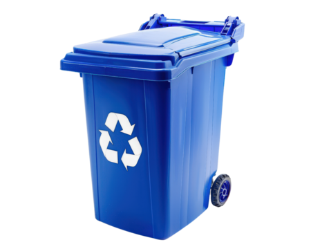 A blue trash can with a white recycling symbol on it