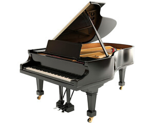 A grand piano with a black and gold finish