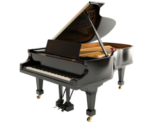 A grand piano with a black and gold finish