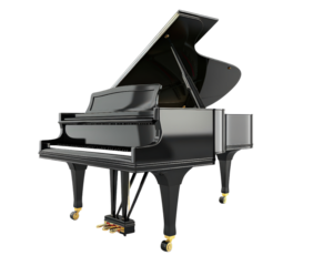 A grand piano with a black and gold finish. The piano is large and has a black and gold color scheme. The piano is a beautiful instrument that is likely to be used for playing music