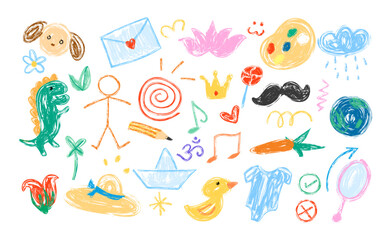 Crayon, chalk, pencil texture of kid set element. Colorful stickman, paper boat, fruits, lotus, moustache, aum, pencil, easel, letter, flower and more, doodle and scribble