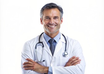 Fototapeta premium Confident male physician with stethoscope around neck and crossed arms, beaming with friendliness, poses against a clean white background, exuding trust and professionalism.