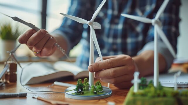 A person is working on a model of a wind turbine