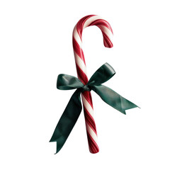 A classic red and white candy cane tied with a green ribbon, perfect for holiday decorations or festive designs.