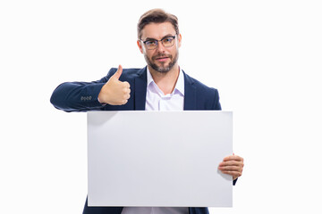 Man with thumb up hold banner in studio white background. Portrait of man holding empty blank poster. Man showing blank poster, gesturing thumb finger. Man presenting signboard, billboard or banner.