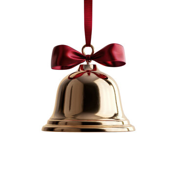 A shiny gold bell with a red bow hanging from a red ribbon.