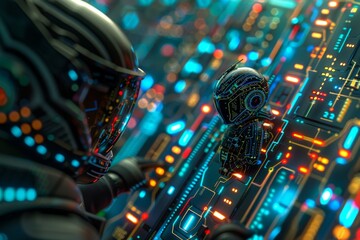 Miniature cybernetic figures on circuit board digital world high tech landscape tiny character sci fi interaction technological scene cybernetic miniature circuit board futuristic interaction digital