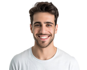 Fototapeta premium A man with a white shirt and a smile on his face. He is wearing a beard and has a mustache