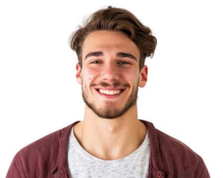 A young man with a beard and a red shirt is smiling. He is wearing a white shirt underneath the red shirt - Powered by Adobe