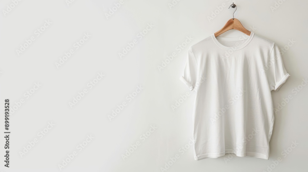 Wall mural A white t-shirt hanging on a wooden hanger