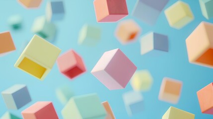 cubes of different sizes, pastel colors, flying in the air, on light blue background