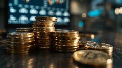 Stacks of coins on a sleek dark table represent financial growth with a dartboard in the background, symbolizing strategic investment in a business setting.