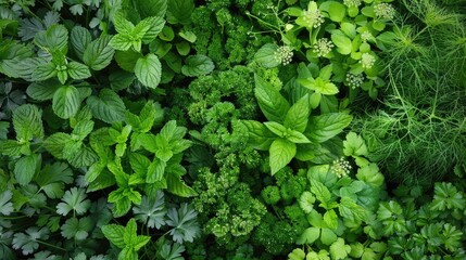 Obraz premium A vegetable plot with a mix of herbs, including mint, parsley, and dill, growing in small sections.