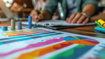Fototapeta premium A close focus on business financial charts and colorful pie graphs laid out on a desk, indicating data analysis or strategic planning.