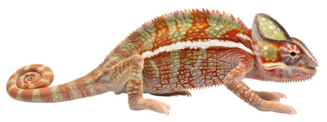 A chameleon is shown in a white background. The chameleon is green and brown with a yellow spot on its head