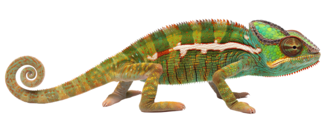A green and white chameleon with a long tail