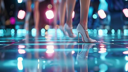 Women wearing high heels walking on a shiny illuminated floor with colorful lights in the background, creating a vibrant and glamorous atmosphere.