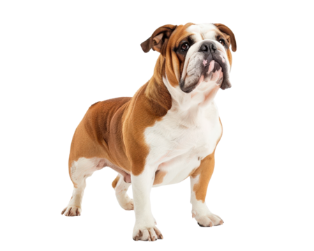 A large brown and white dog stands on a white background. The dog has a big mouth and he is looking at the camera