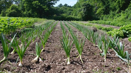 Naklejka premium A vegetable plot with neat rows of onions and garlic, their green tops standing tall.