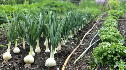 A vegetable plot with neat rows of onions, garlic, and leeks, their green tops standing tall.